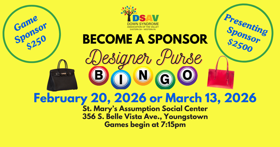 DSAV Designer Purse Bingo sponsorship flyer featuring sponsorship opportunities, event dates, location, and sponsor levels.
