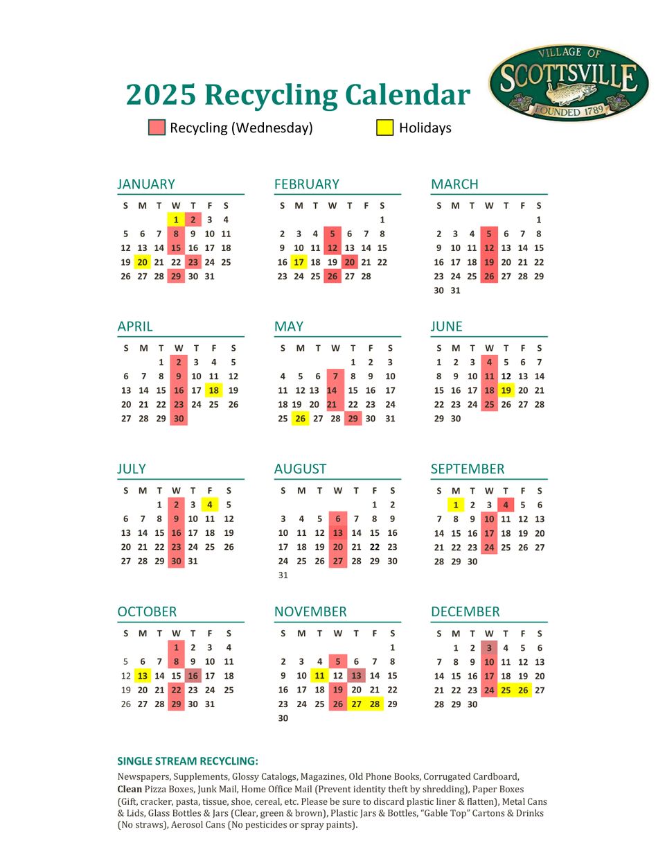 2025 wednesday recycling calendar for website
