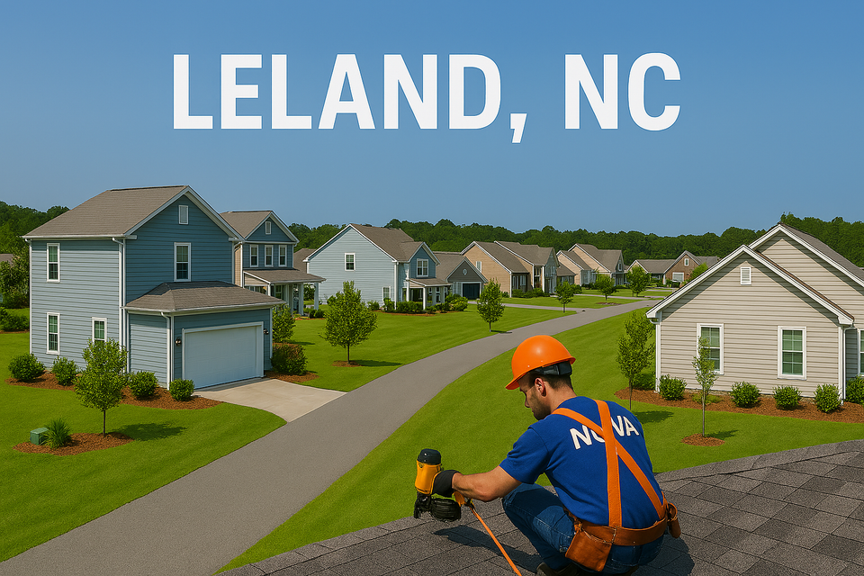 Nova Roofing employee working on Leland NC roof with suburban homes, curved street, and clear blue sky in background
