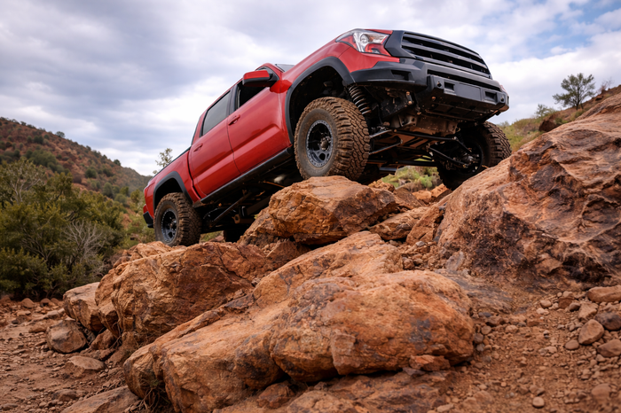 Truck suspension system flexing over rocky terrain, representing steering and suspension repair in Missouri City, TX