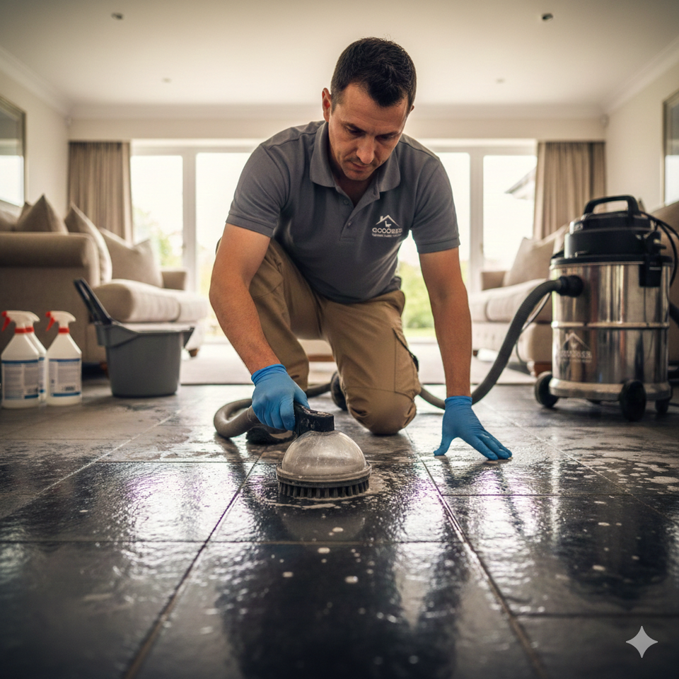 Professional technician performing deep stone restoration on a dark tiled floor using a specialized rotary scrub tool and high-powered vacuum extraction in a residential living room.