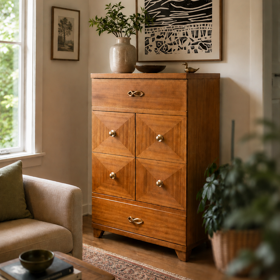 Modern refinished dresser w handprinted art above