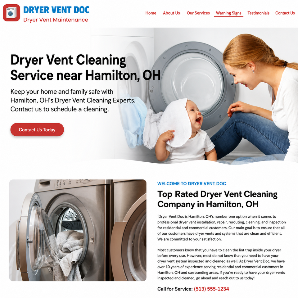 Dryer Vent Doc's homepage featuring the tagline "Dryer Vent Maintenance," navigation links for various services, and an image of a person and child near a washing machine, promoting home safety.