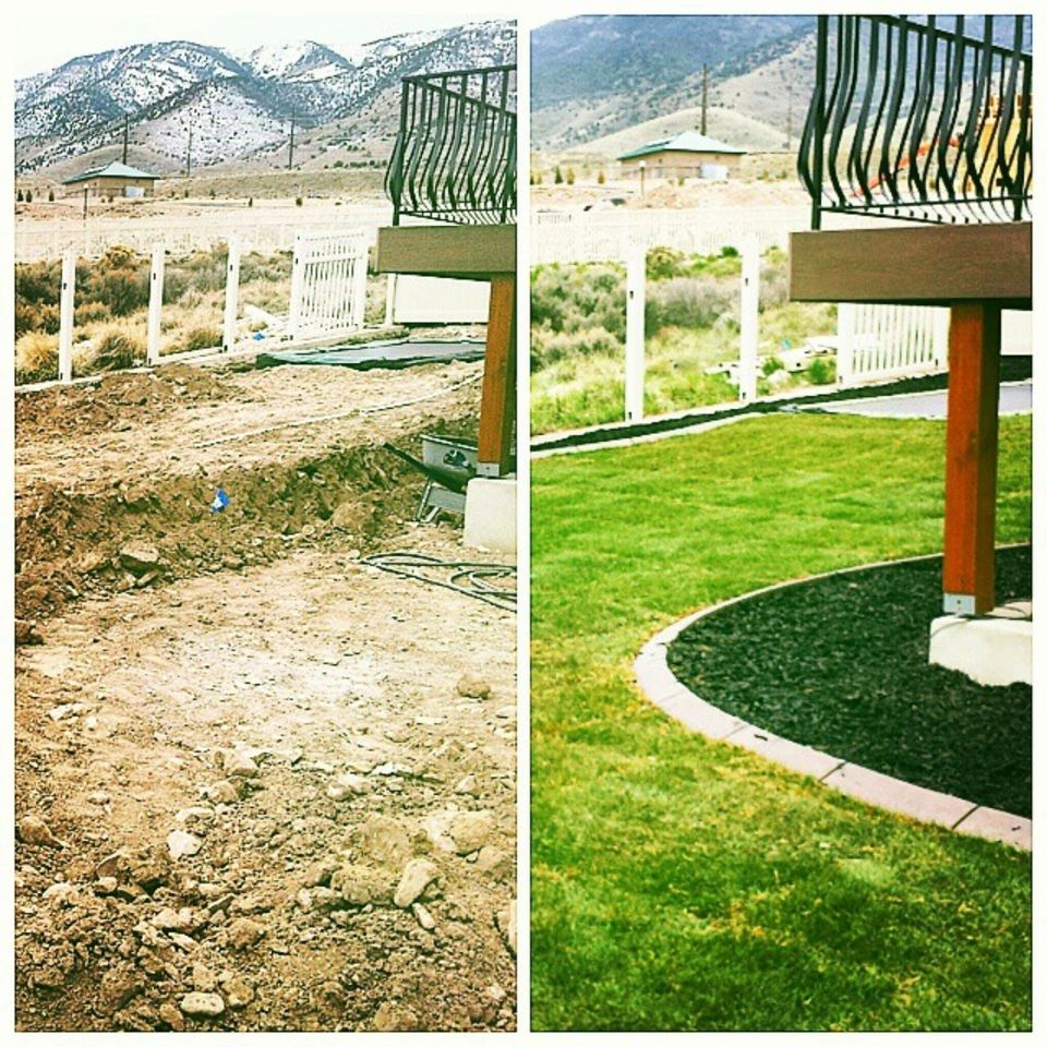 Before and after photo of a backyard landscaping job done by Ho/Gar Hardscapes