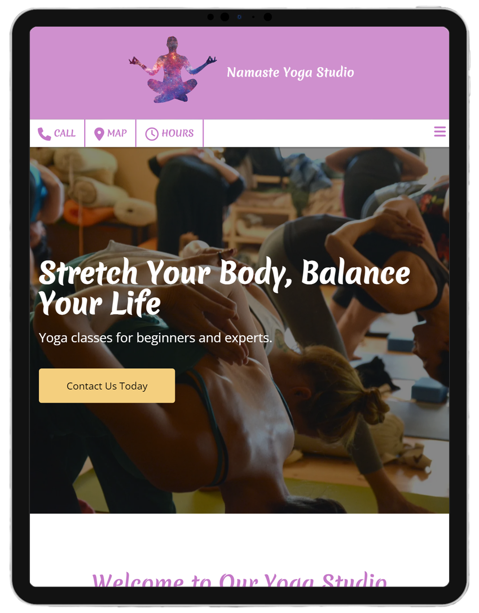 ipad tablet preview of the mobile website for Namaste Yoga Studio