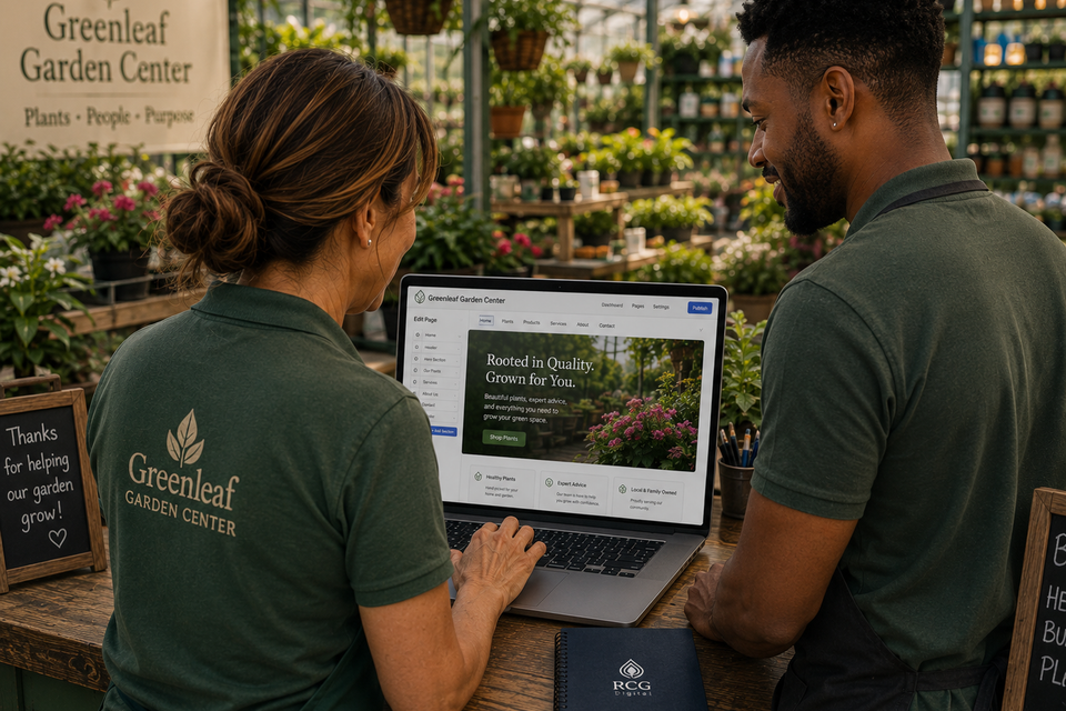Garden center team updating their website on a laptop