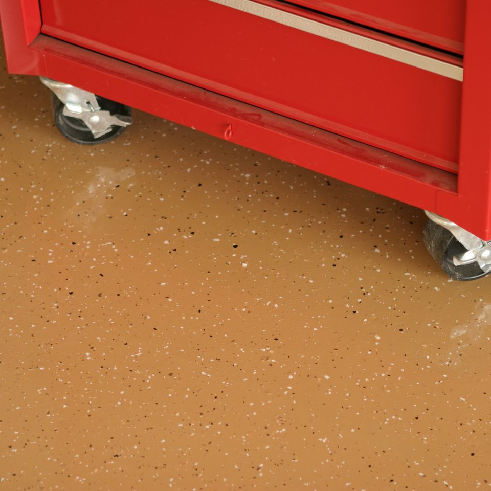 EverCoat garage floor with a seamless decorative flake coating.