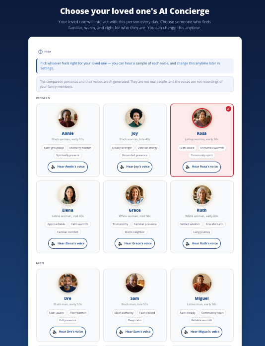 Choose your loved one's AI concierge screen