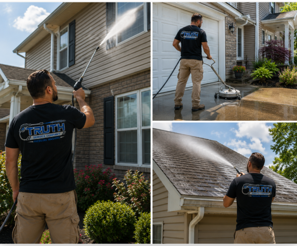 Pressure washing professional cleaning home siding, a driveway, and a shingled roof.