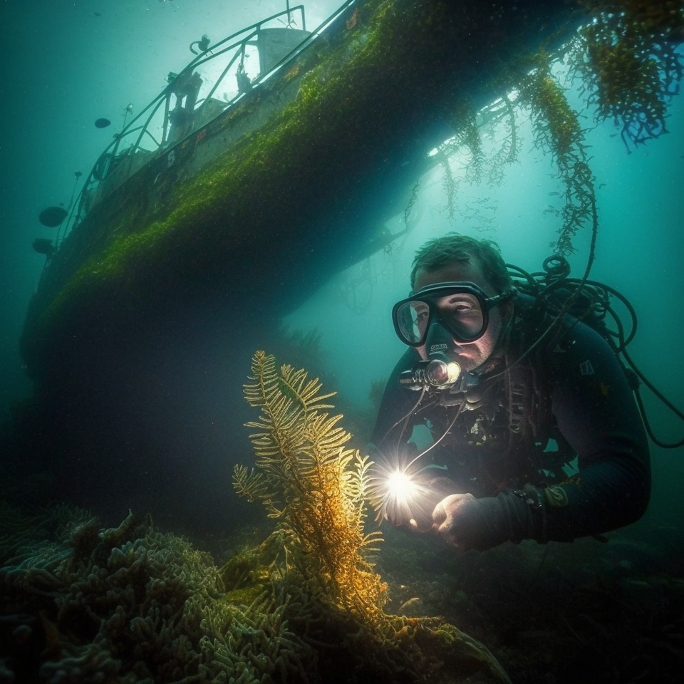 Jack Rand diving on the wreck of the Temptress off of La Jolla, California in the action packed thriller, La Jolla in Turmoil