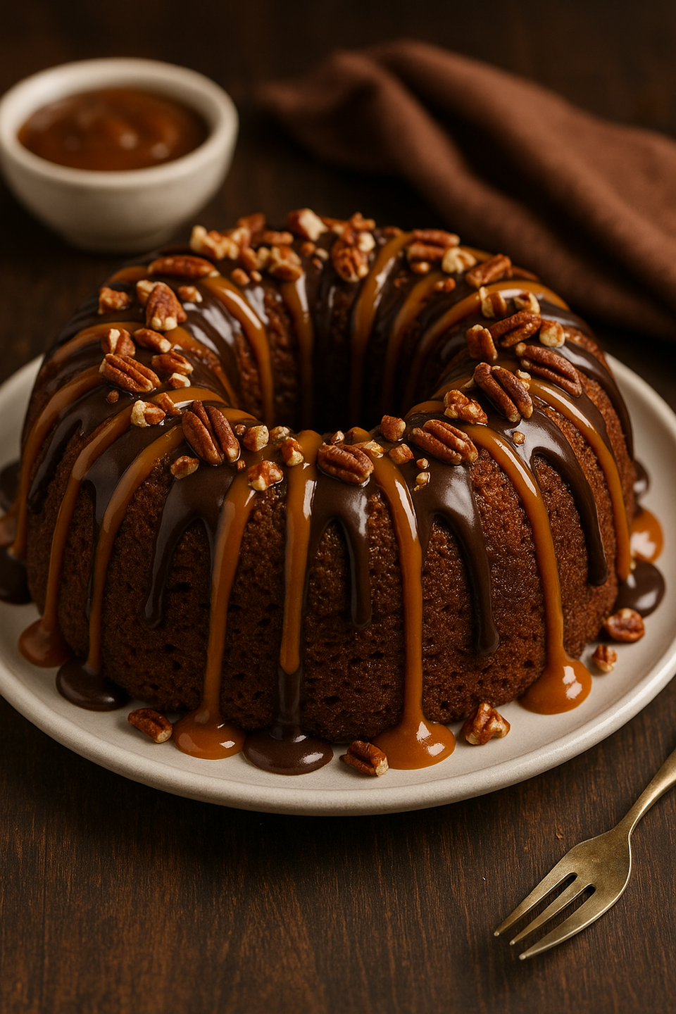 Turtle bundt cake with caramel drizzle