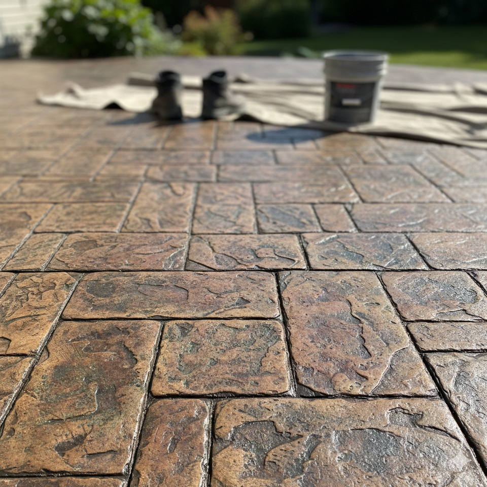 Close-up of a professional ashlar slate stamped concrete patio with earth-tone coloring and textured finish