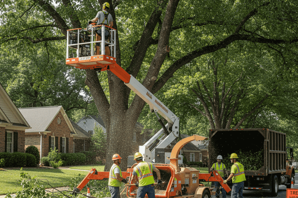 Using a crane to cut down a part of a tree that has fallen.