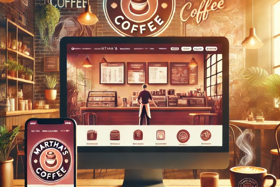 Dall·e 2025 02 26 18.13.20   a digital illustration showing the transformation of 'martha's coffee' website into a mobile app. the image features a computer screen displaying the 