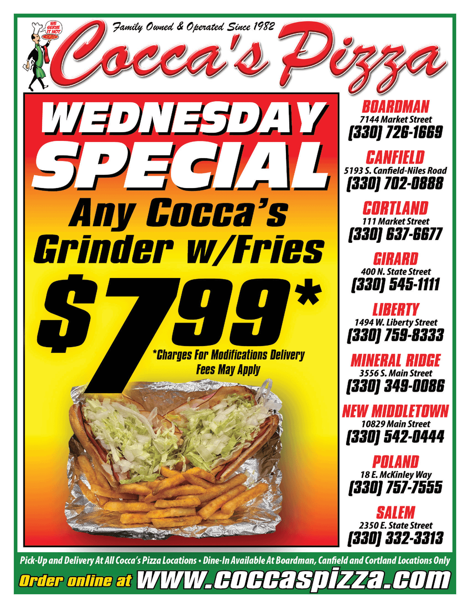 Wednesday special promotion for a grinder served with fries.
