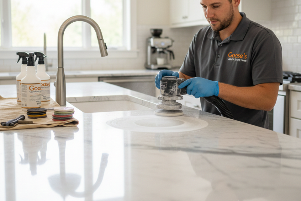 Professional technician performing on-site marble countertop restoration, removing etch marks and scratches using a specialized handheld diamond honing tool in a modern kitchen.