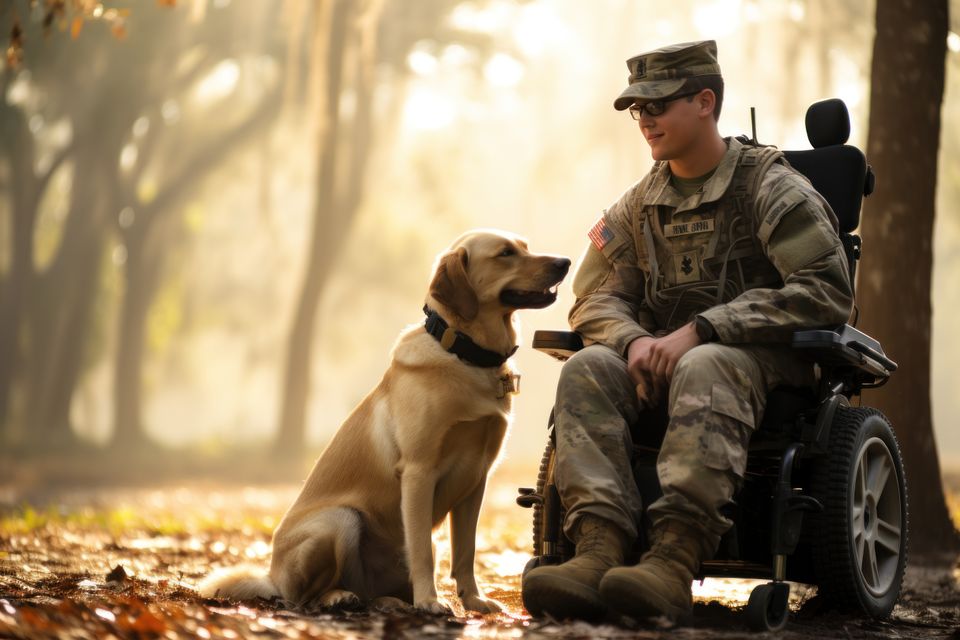 Disabled man military uniform sitting wheelchair with his dog generative ai