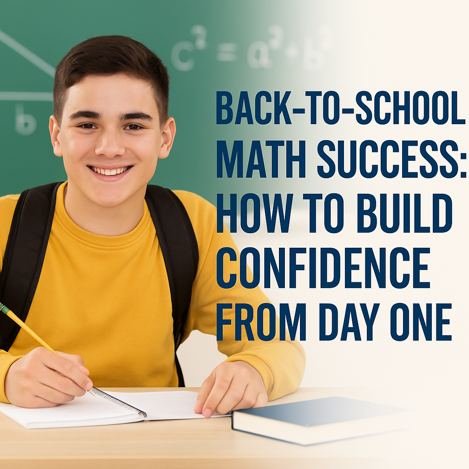 Smiling student with math notebook and chalkboard background — Back-to-School Math Success: How to Build Confidence from Day One.