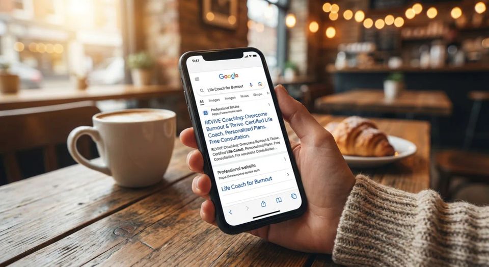 Smartphone user finding a local life coach for burnout services at the top of Google search results.