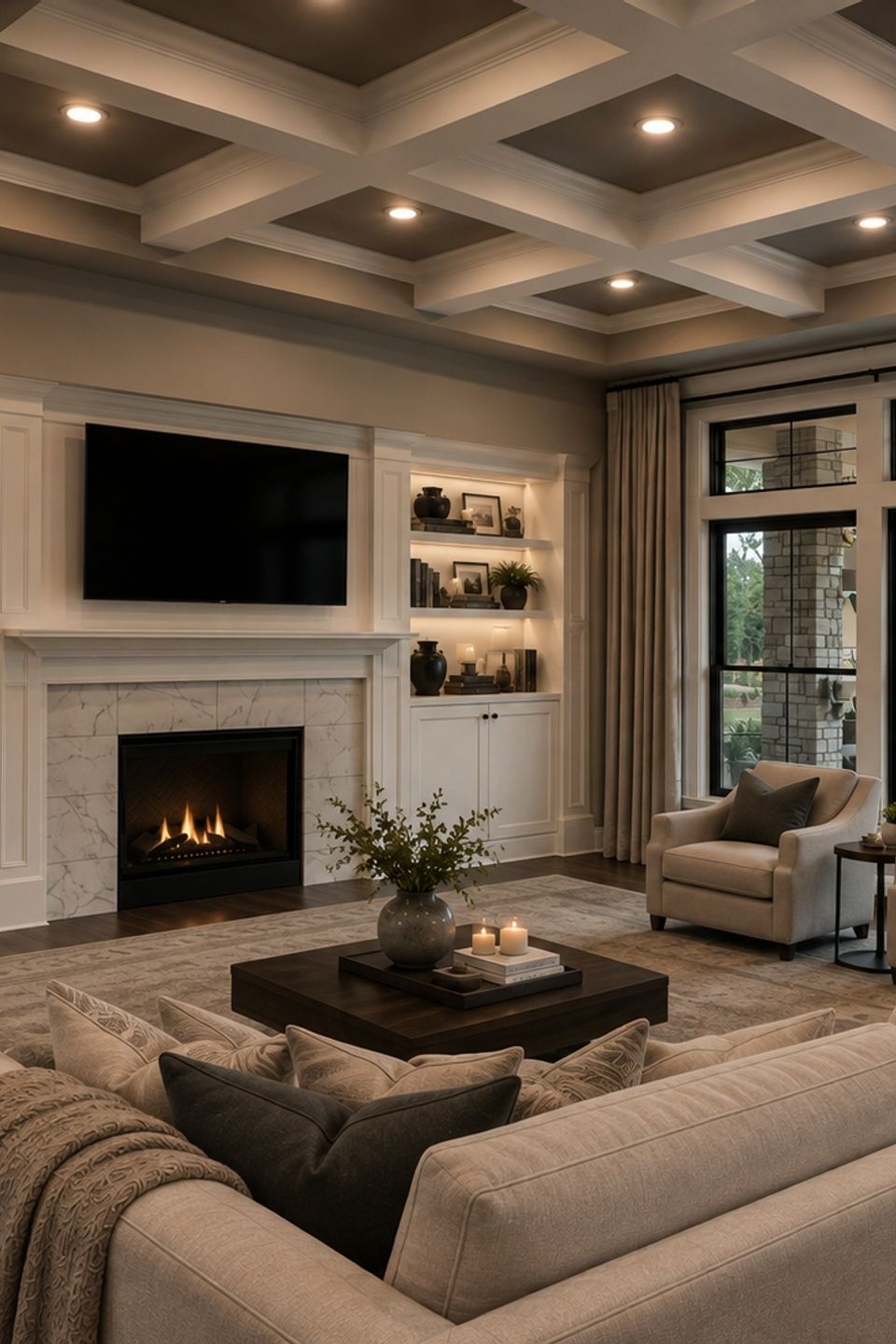 Great room with custom built-ins, fireplace and coffered ceiling in a Hudson home