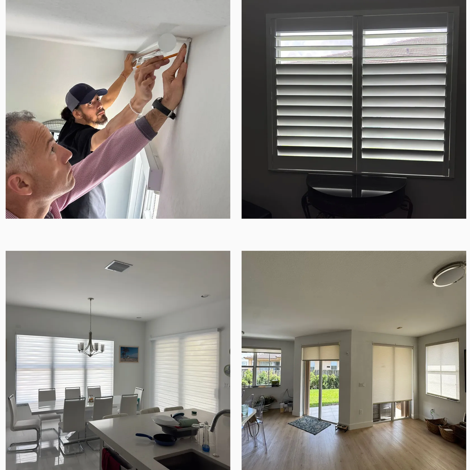 BJ&S Blinds technicians installing window treatments, along with examples of plantation shutters, zebra shades, and solar roller shades in various living areas