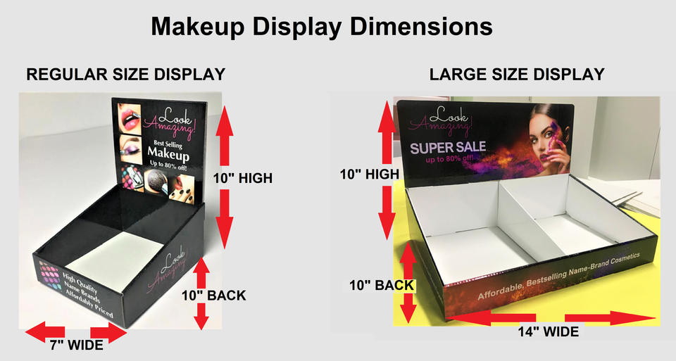 Regular and Large size makeup displays. These Makeup Display Boxes are versatile and functional, enabling a low-cost way to showcase cosmetics and beauty products Different sizes are available.