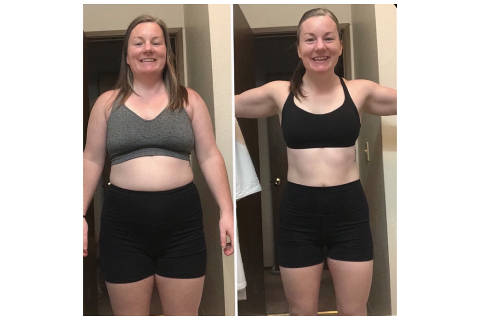 Image of a female client that is excited she can actually see her abs, adoreable