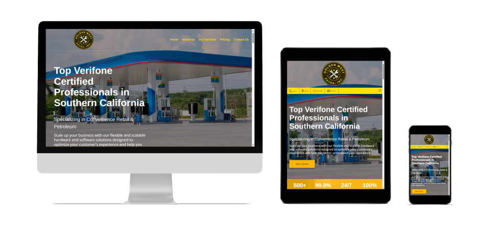 A large monitor, a tablet, and a smartphone each displaying the homepage of an affordable responsive website for a local point-of-sale solution provider in Glendora, California designed by GloboWeb Website Design & Digital Agency