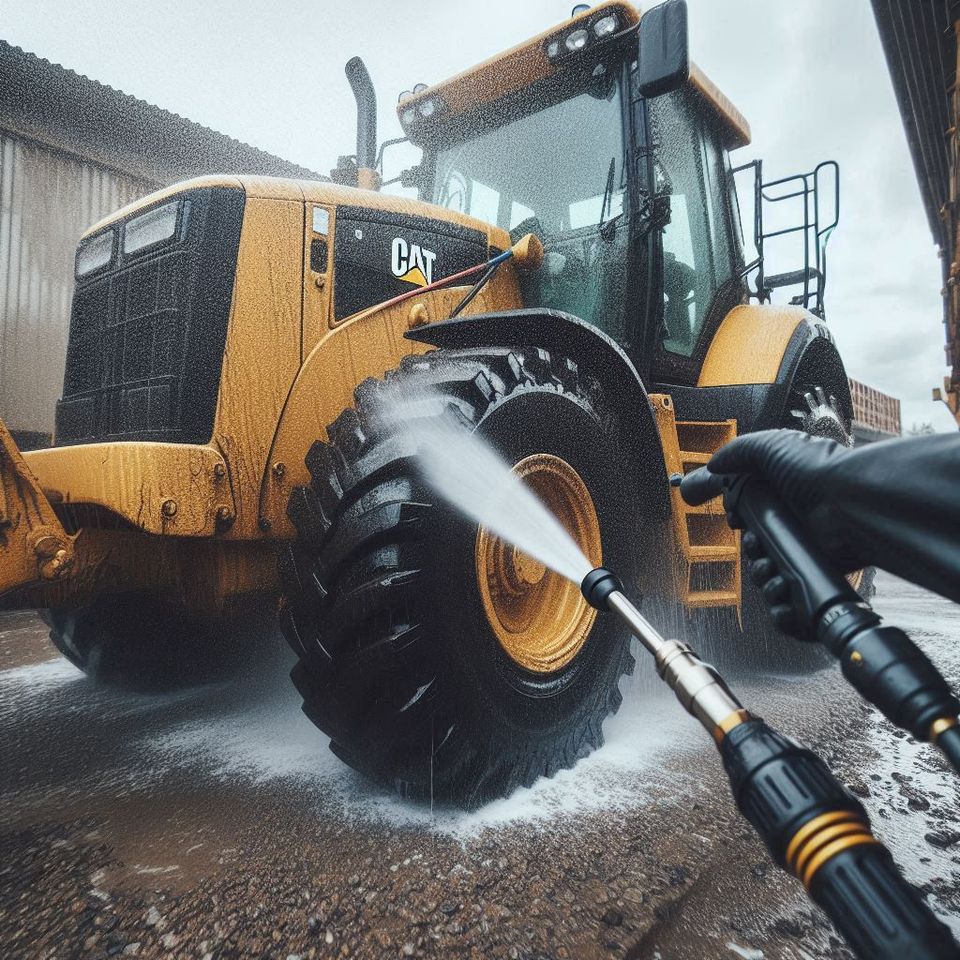 Someone pressure washing a large caterpillar backhoe  focusing on the backhoe with only the arm and pressure washer of the user in the frame