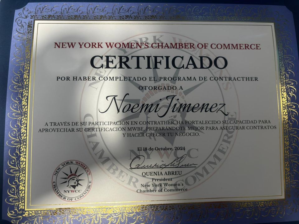Noemi's Cleaning Services Certificado del Programa ContractHer — Cámara de Comercio de Mujeres de Nueva York
