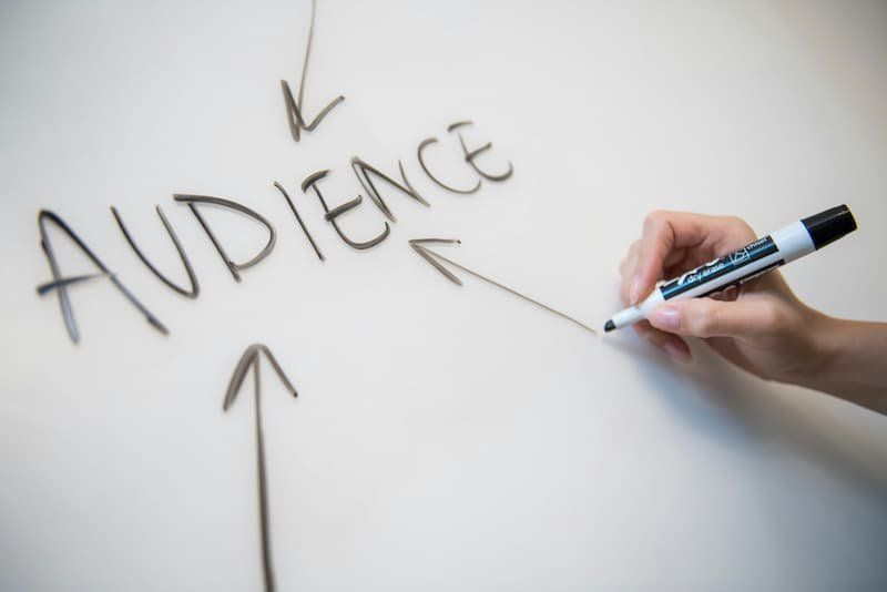 White board with the word "Audience" spelled out with arrows pointing at it 