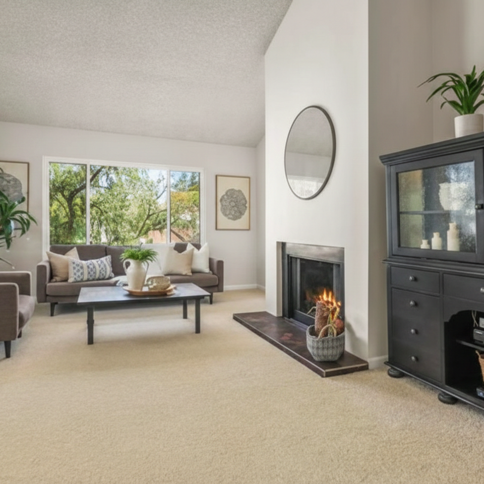 Luxury bedroom carpet installation by Concord Carpet And Hardwood showcasing various textures and neutral tones for a cozy home interior.