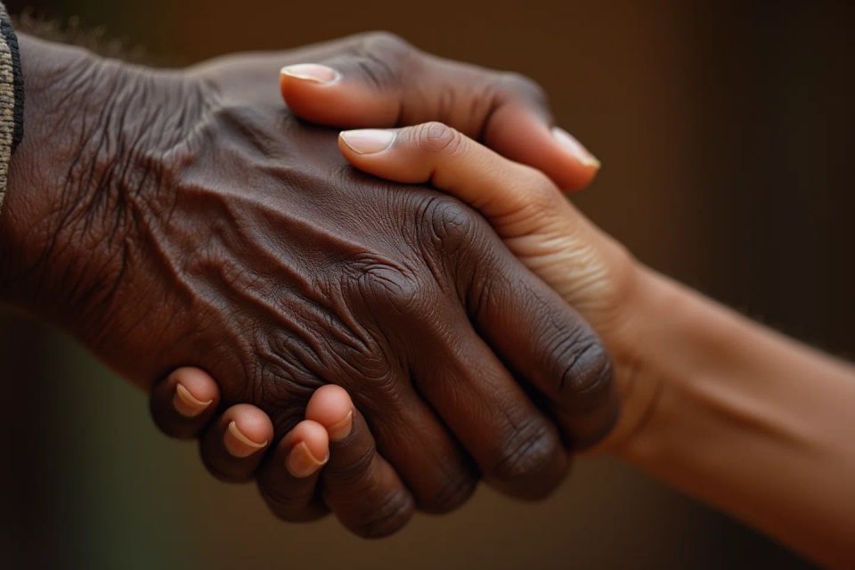 A close up photo of two hands clasped together