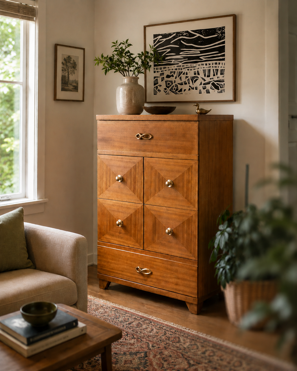 Modern refinished dresser w handprinted art above