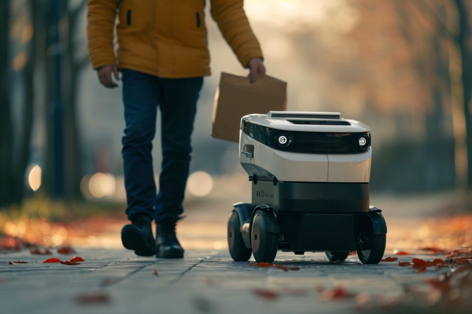 Adult person interacting with futuristic delivery robot