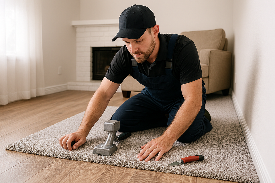 Professional carpet installer laying plush gray carpet in a modern living room with natural lighting and hardwood flooring.