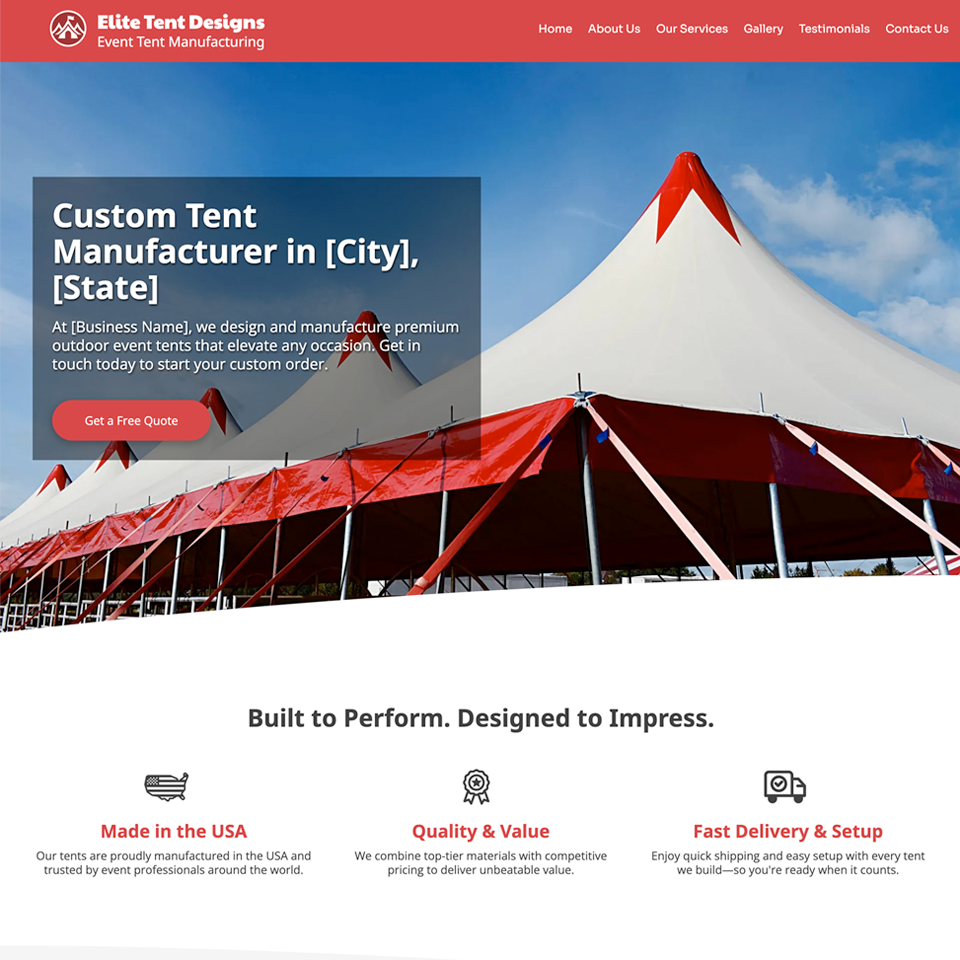 Tent manufacturer website design theme