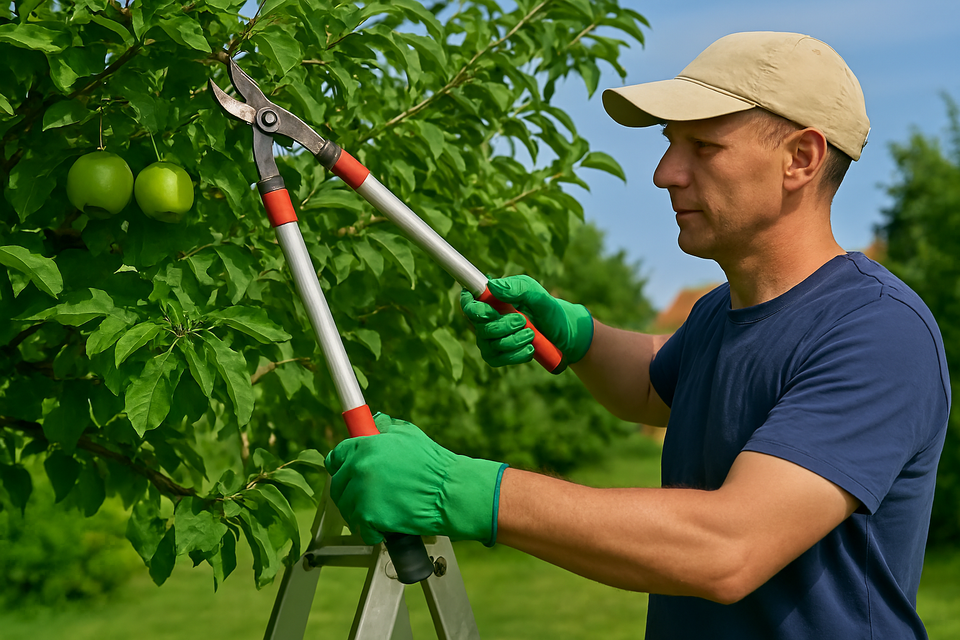 Fruit tree trimming in a residential yard with a gardener using bypass loppers to prune an apple tree branch bearing green apples