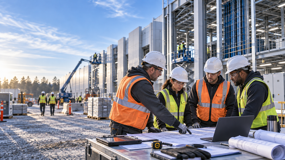 Safety instructor training data center construction workers on fall protection, excavation and jobsite hazards