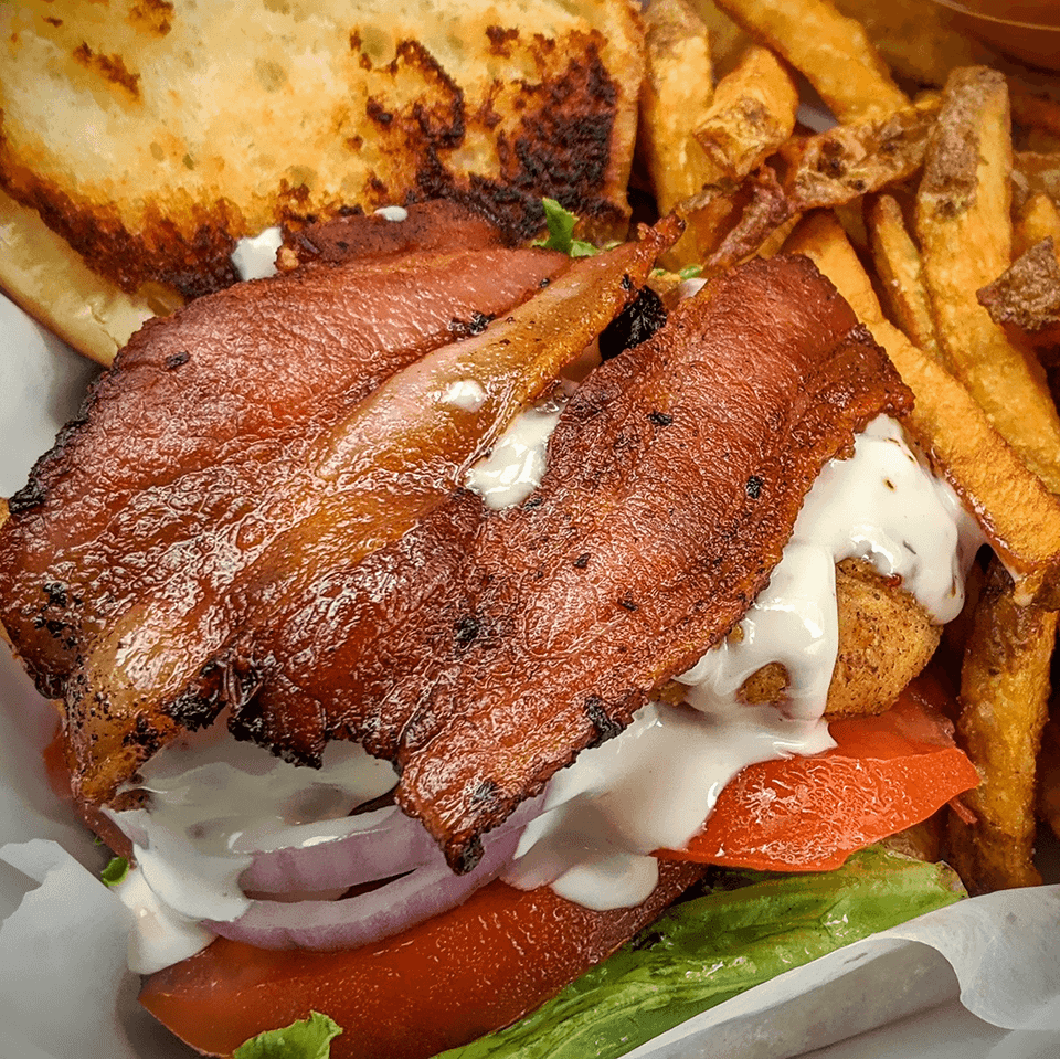 Fresh Hand Breaded Fried Chicken Strip Sandwich With Bacon - The Dashboard Diner - Spencer, MA