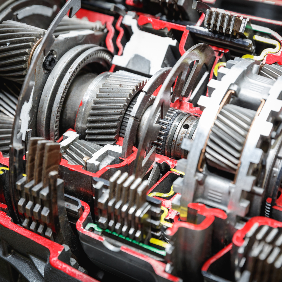 Close-up of transmission gears and mechanical components.