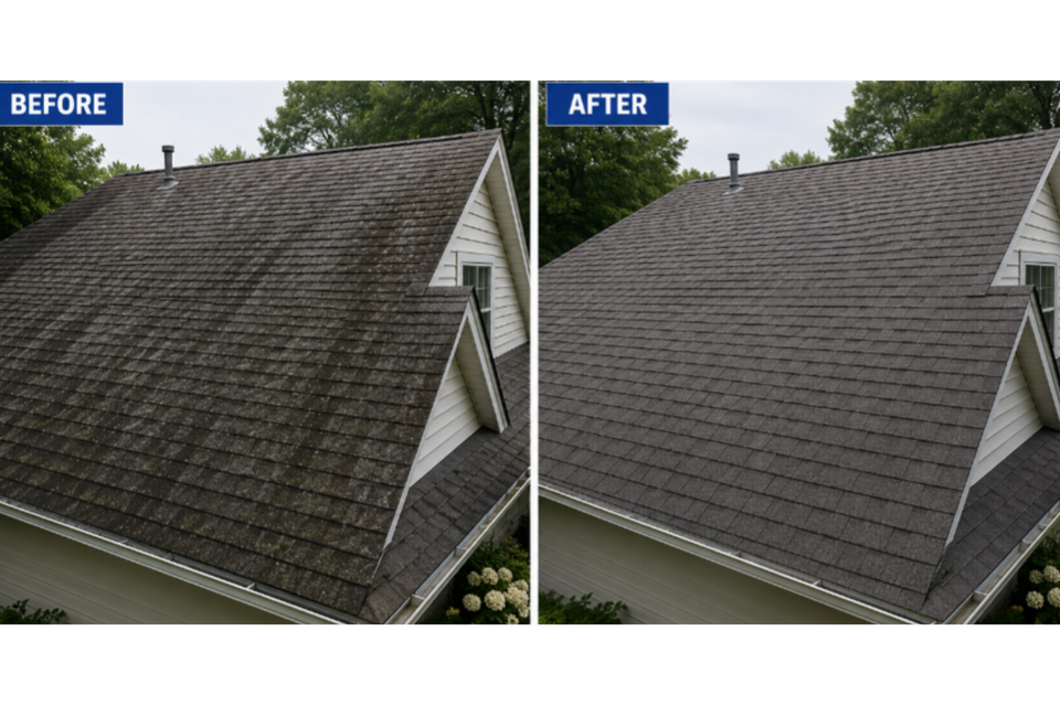 Before and after view of a shingled roof with a noticeable difference after cleaning.