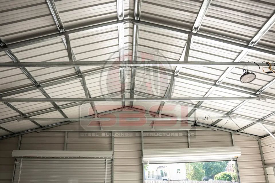 Interior of steel building, with SBSI watermark representing steel building interiors in Alabama