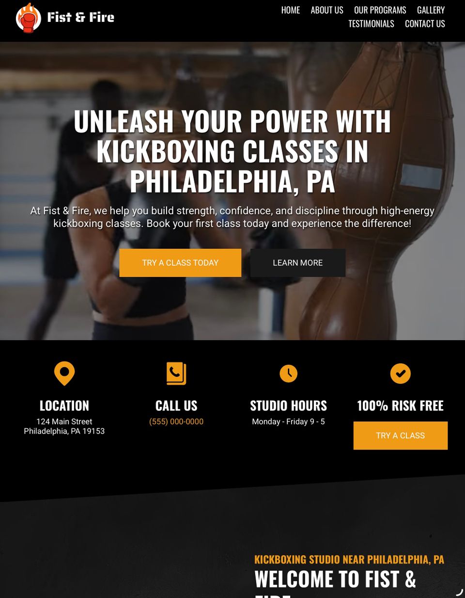 Sample kickboxing fitness website design by NoticeEdge