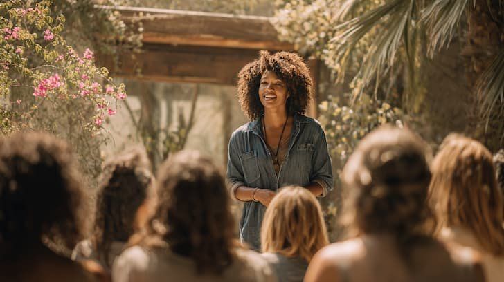 A wellness practitioner speaking to a group of people 