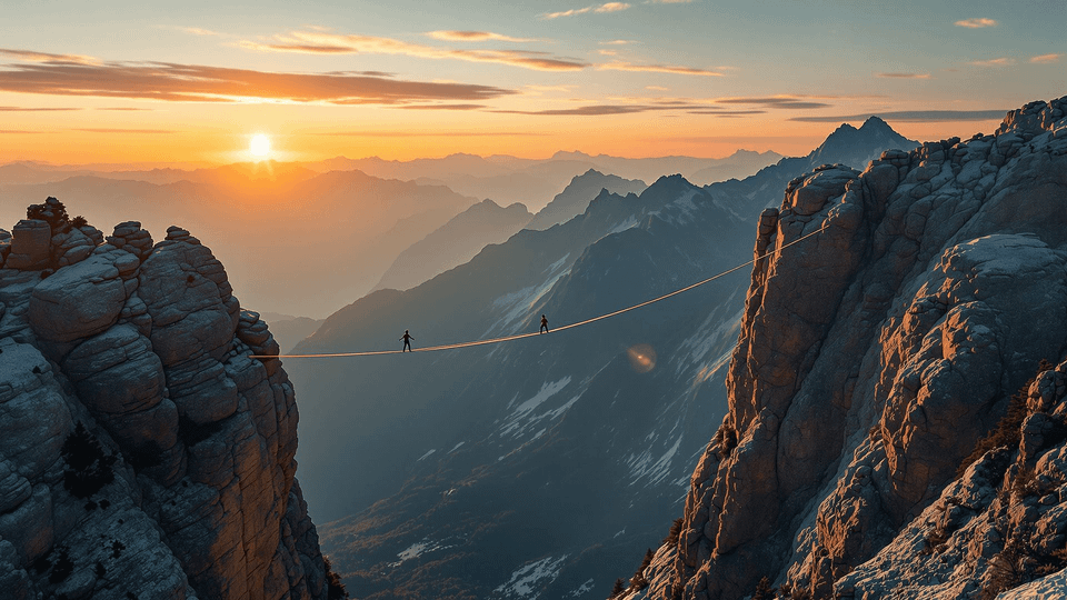 A tightrope stretched between two mountain peaks at golden hour, one peak labeled 'soul' and one labeled 'search' in subtle elegant typography, dramatic Sierra Nevada landscape, cinematic photography style