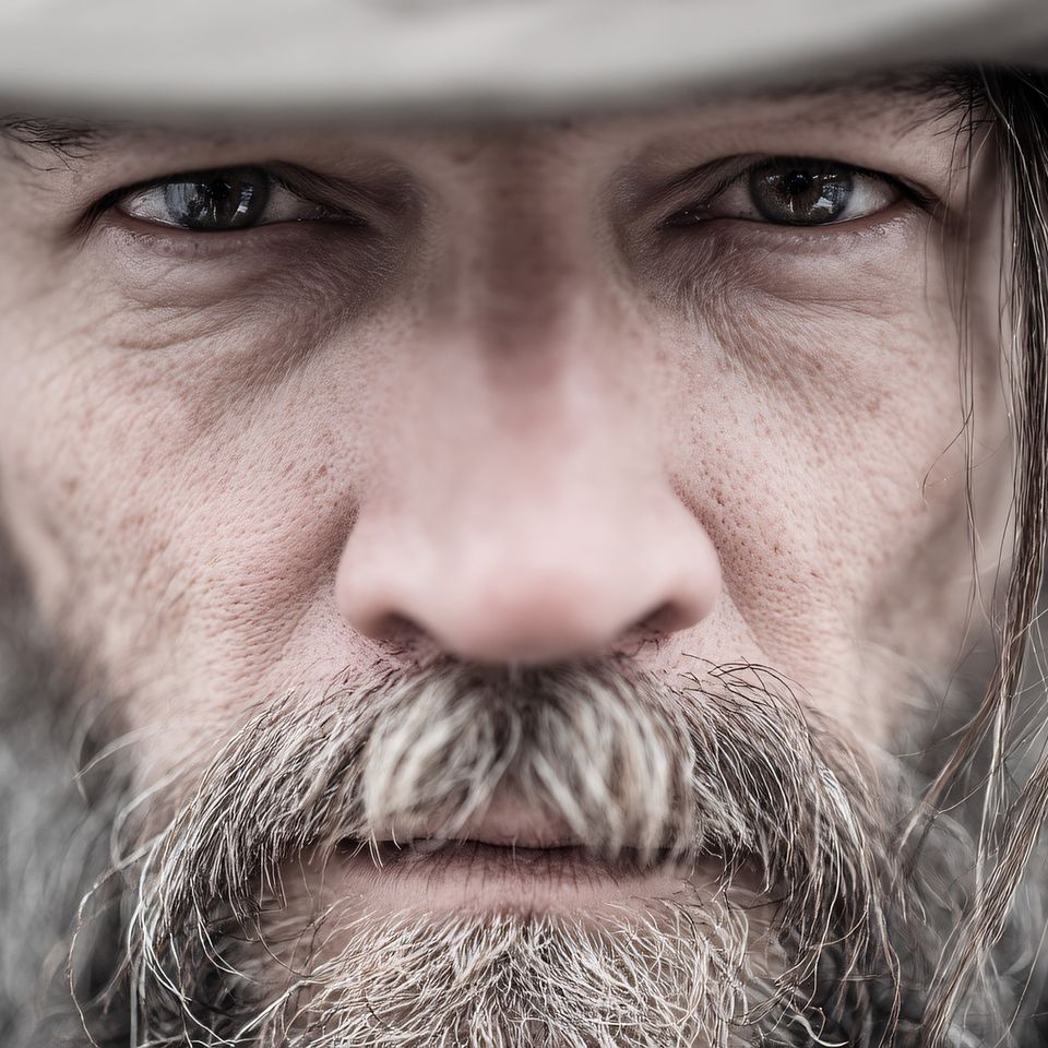 “Close-up of a bearded man’s face showing expressive eyes and a weathered, contemplative expression.”