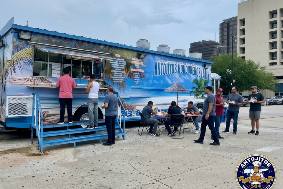 Antojitos hondureños latin food truck   crowd with logo