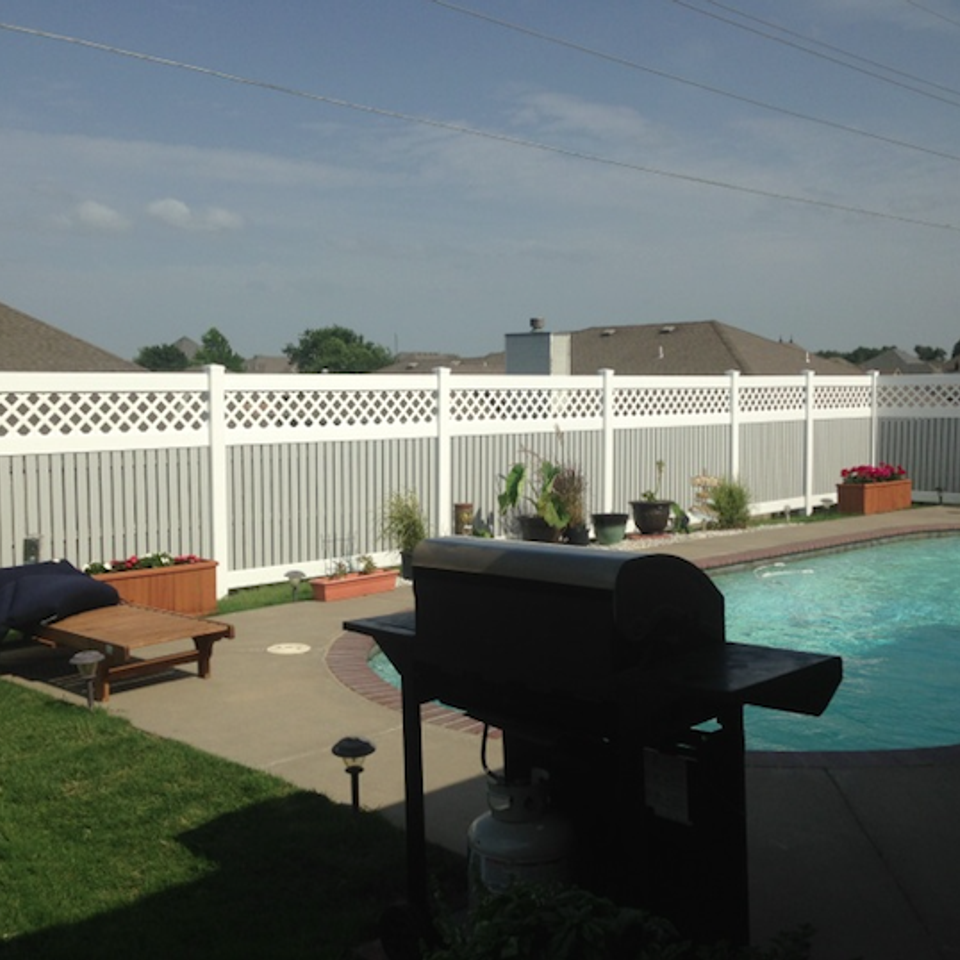 Midland vinyl fence   deck company   tulsa and coweta  oklahoma   vinyl metal wood fence sales and installation   semi privacy   vinyl white two color semi private pool fence with lattice  tall   220170609 4251 1ev5qy4