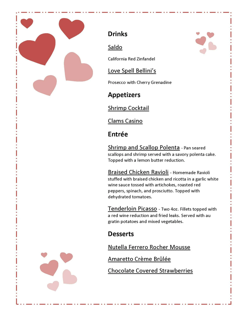 Valentines menu